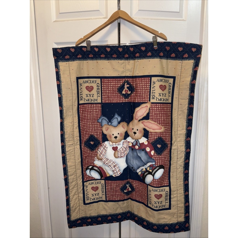 Vintage Handmade Counrty Heart Print Teddy Bear & Rabbit Baby Crib Blanket Quilt